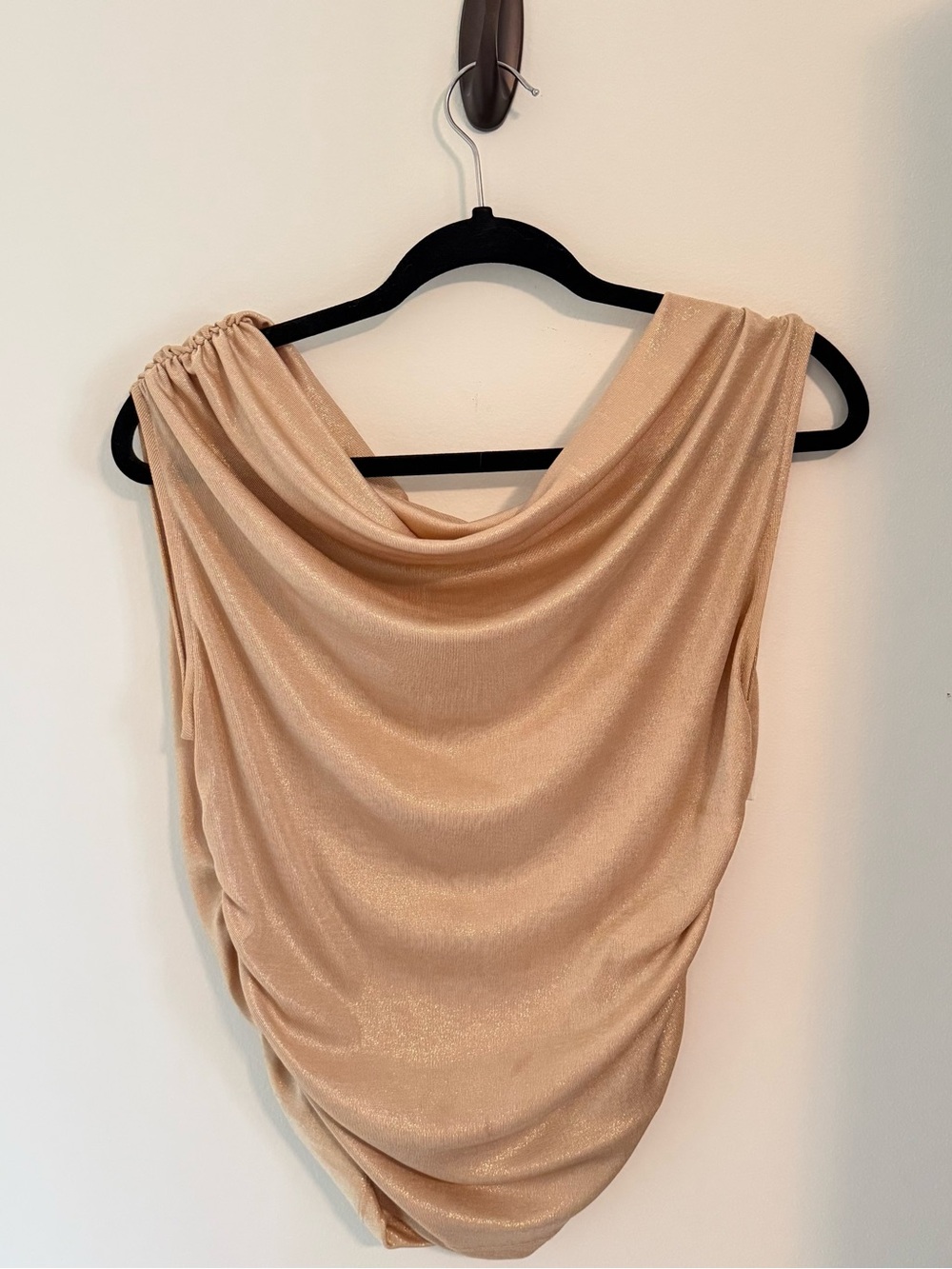 Zara Shimmer Champagne Cowl Neck Top Ruched Metallic Sleeveless Blouse Size L